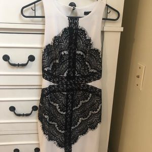 Lulus dress, white with black lace, open back, XS